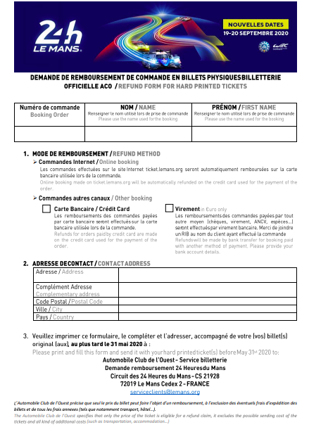 Le Mans Race ticket refund form