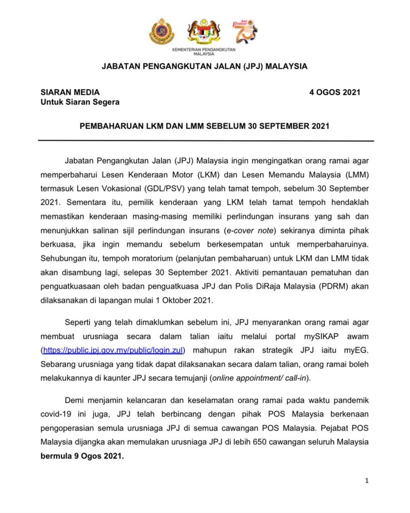 JPJ To End Road Tax & License Moratorium On 30th Sept - Automacha